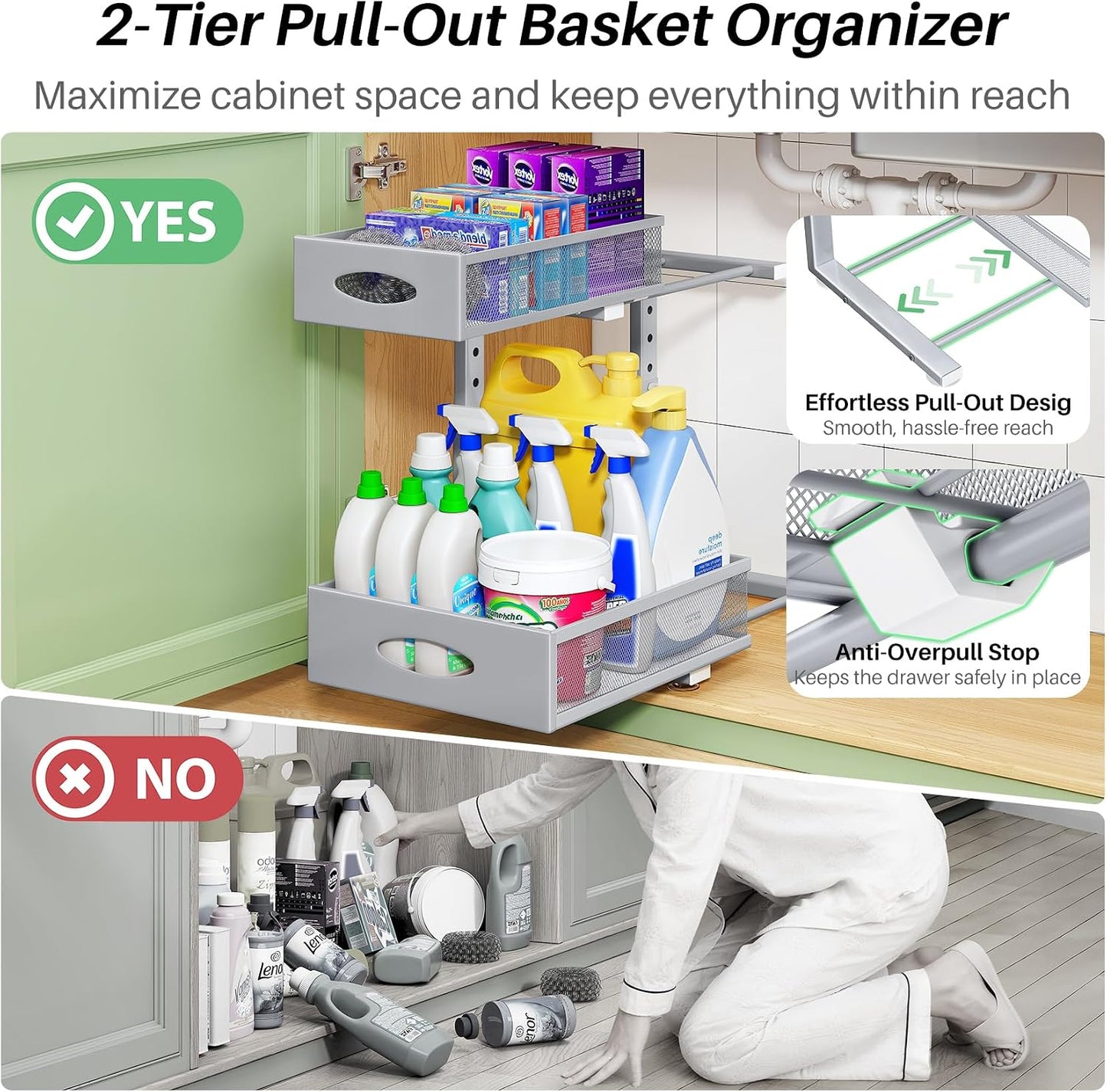 2-Tier L-Shaped Adjustable Height Under Sink Organizer & Cabinet Storage