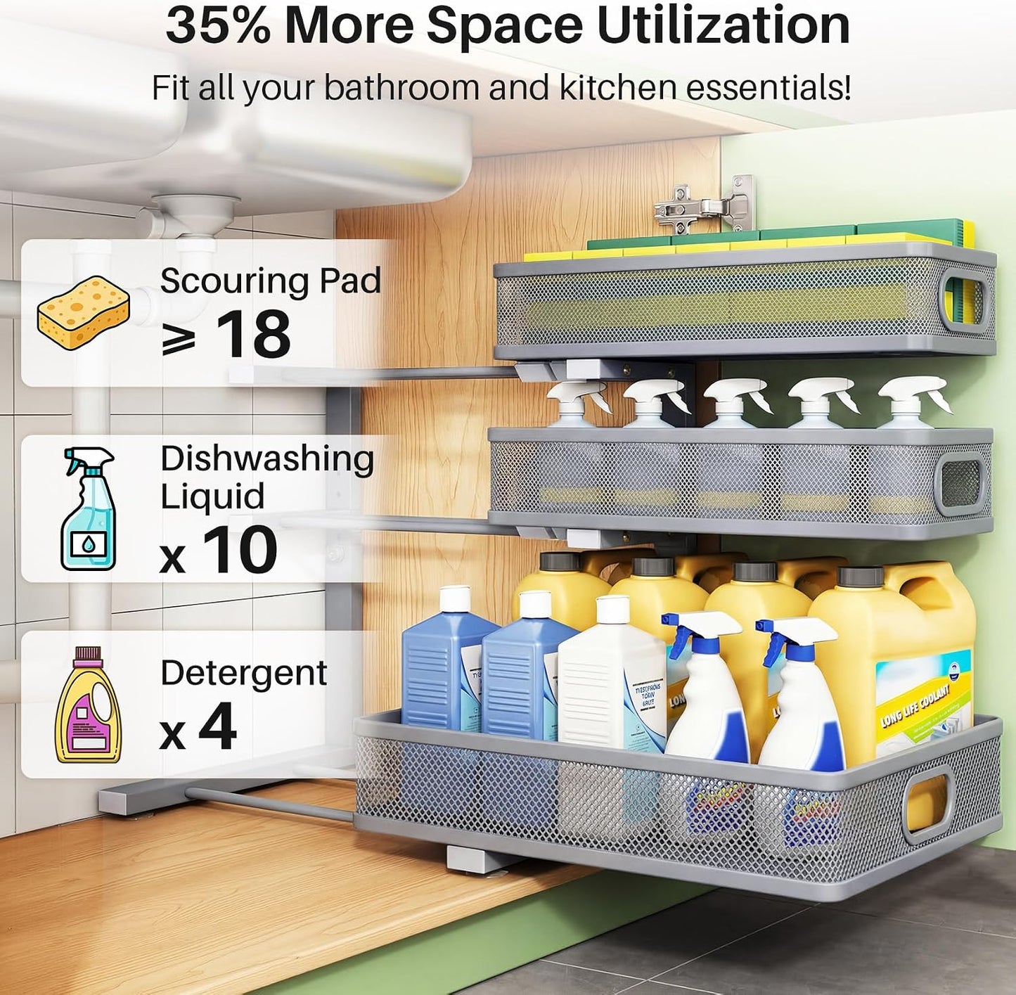 3-Tier Height Adjustable Slide Out Under Sink Organizer & Cabinet Storage