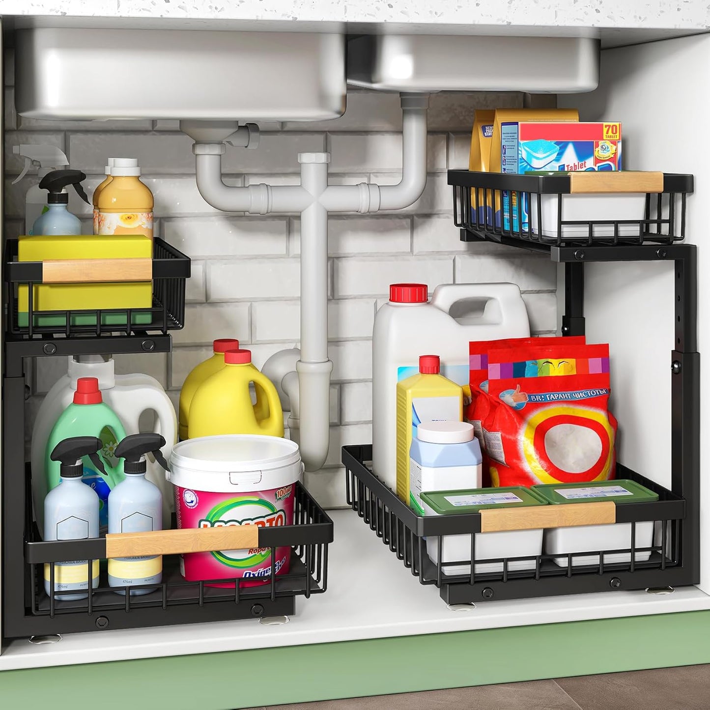 Under Sink Organizer, Metal 2-Tier, Slide out Shelf for Kitchen Bathroom Pantry Closet Organization Rack