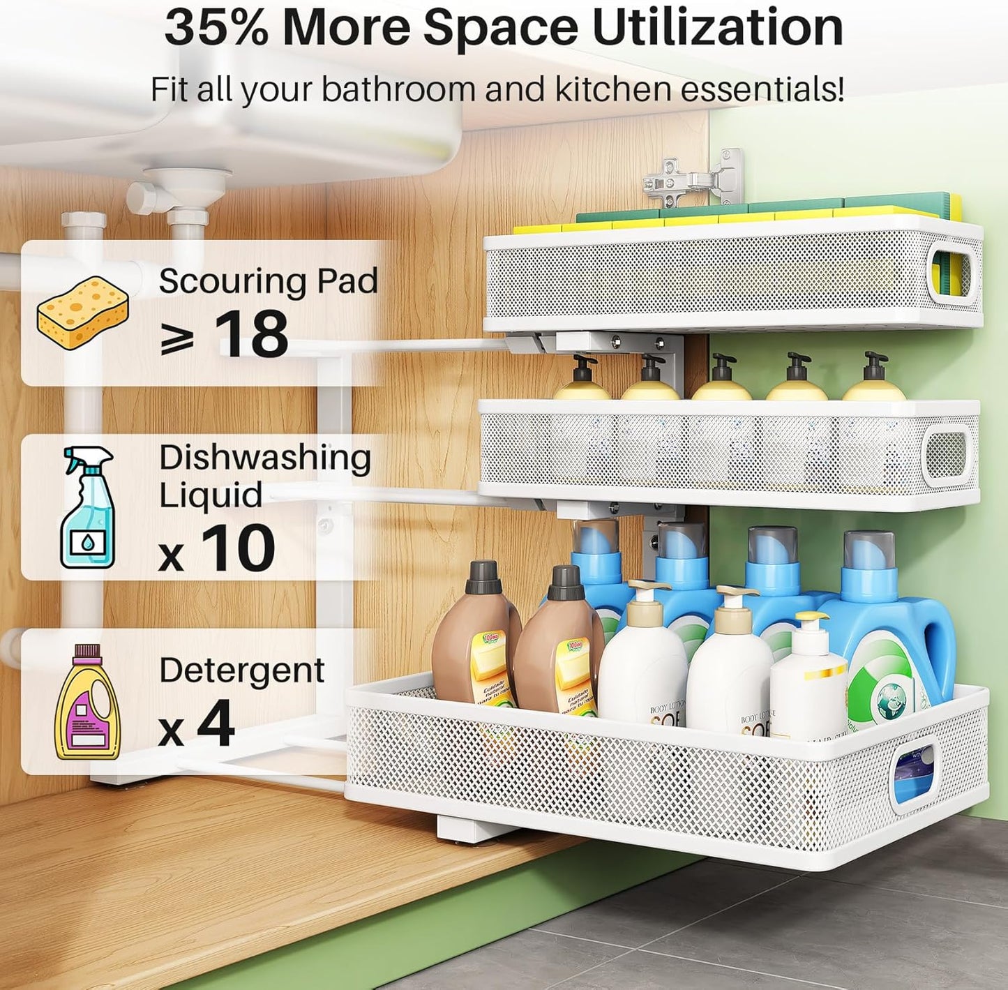 3-Tier Height Adjustable Slide Out Under Sink Organizer & Cabinet Storage