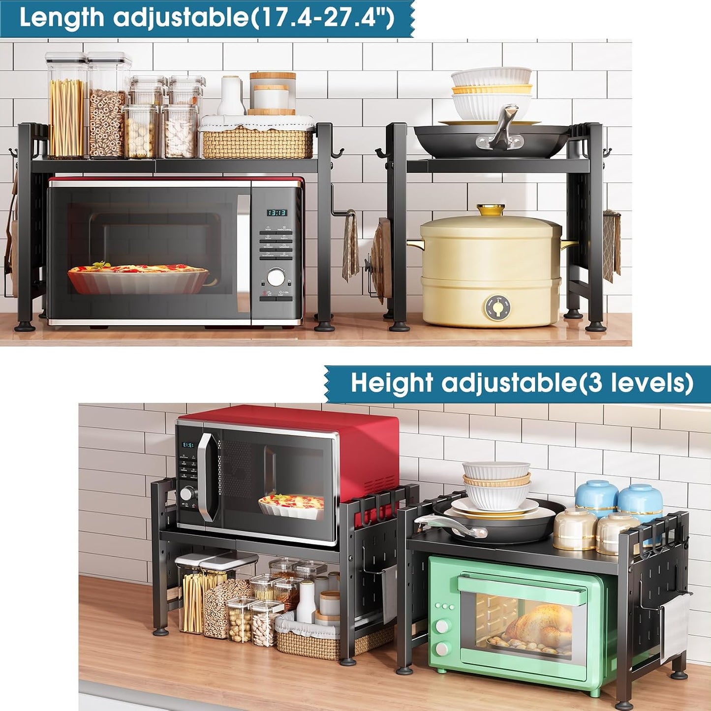 Expandable 2-Tier Microwave Stand & Heavy Duty Countertop Storage Rack