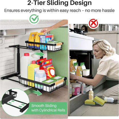 Under Sink Organizer, Metal 2-Tier, Slide out Shelf for Kitchen Bathroom Pantry Closet Organization Rack