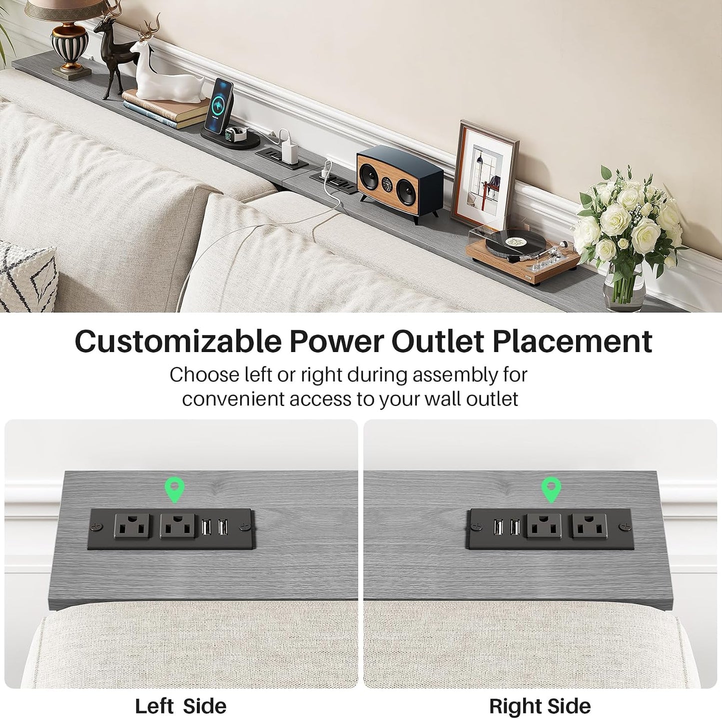 Adjustable Height Narrow Sofa Table with Charging Station & Modular Design