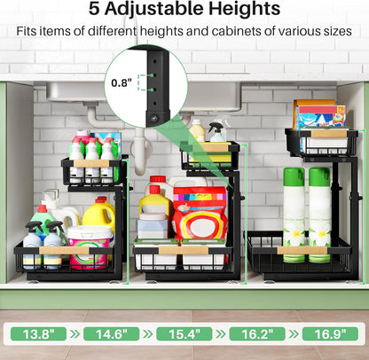 Under Sink Organizer, Metal 2-Tier, Slide out Shelf for Kitchen Bathroom Pantry Closet Organization Rack