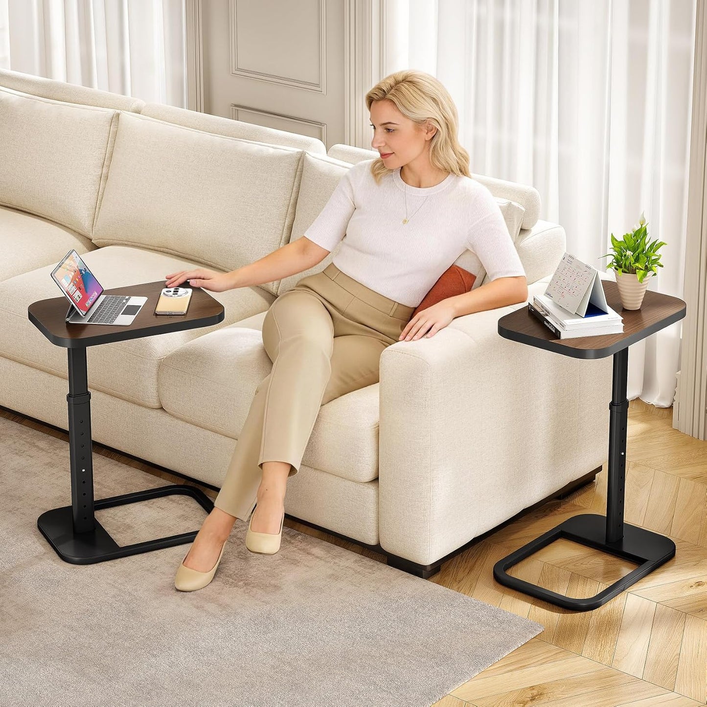 Adjustable Height C-Shaped End Table & Sliding TV Tray Couch Table