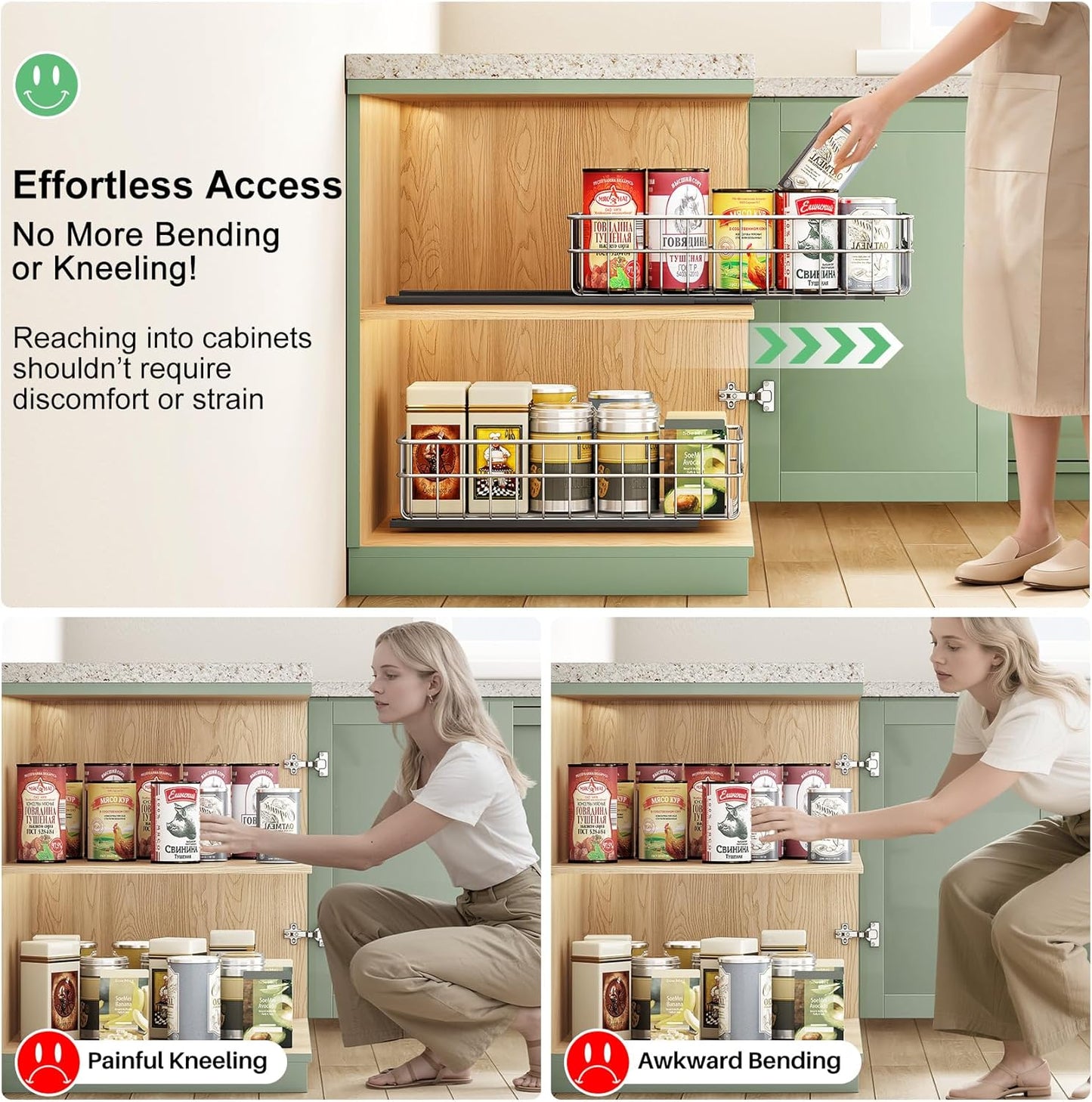 Stainless Steel Slide Out Cabinet Organizer with Silent Full-Extension Drawer