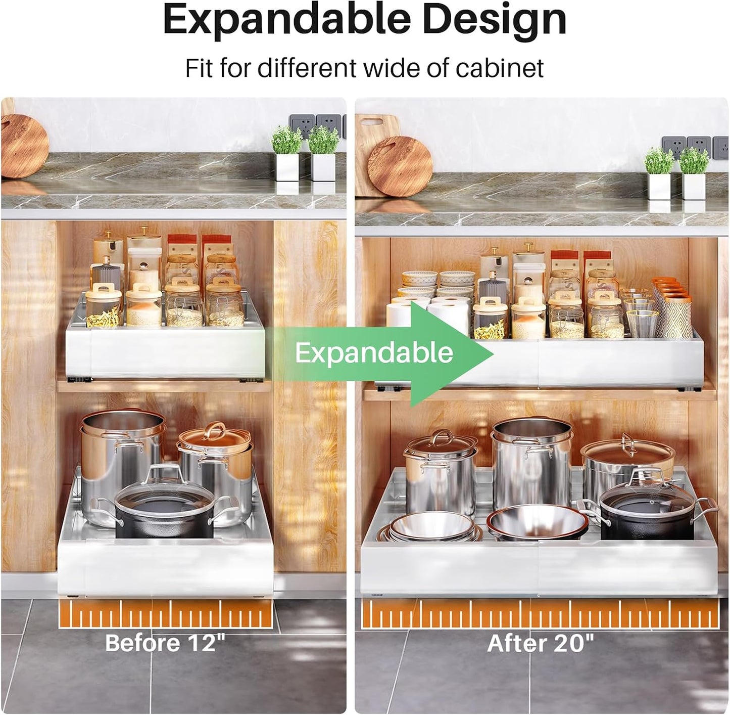 Expandable Stainless Steel Pull Out Cabinet Organizer & Slide Out Drawer