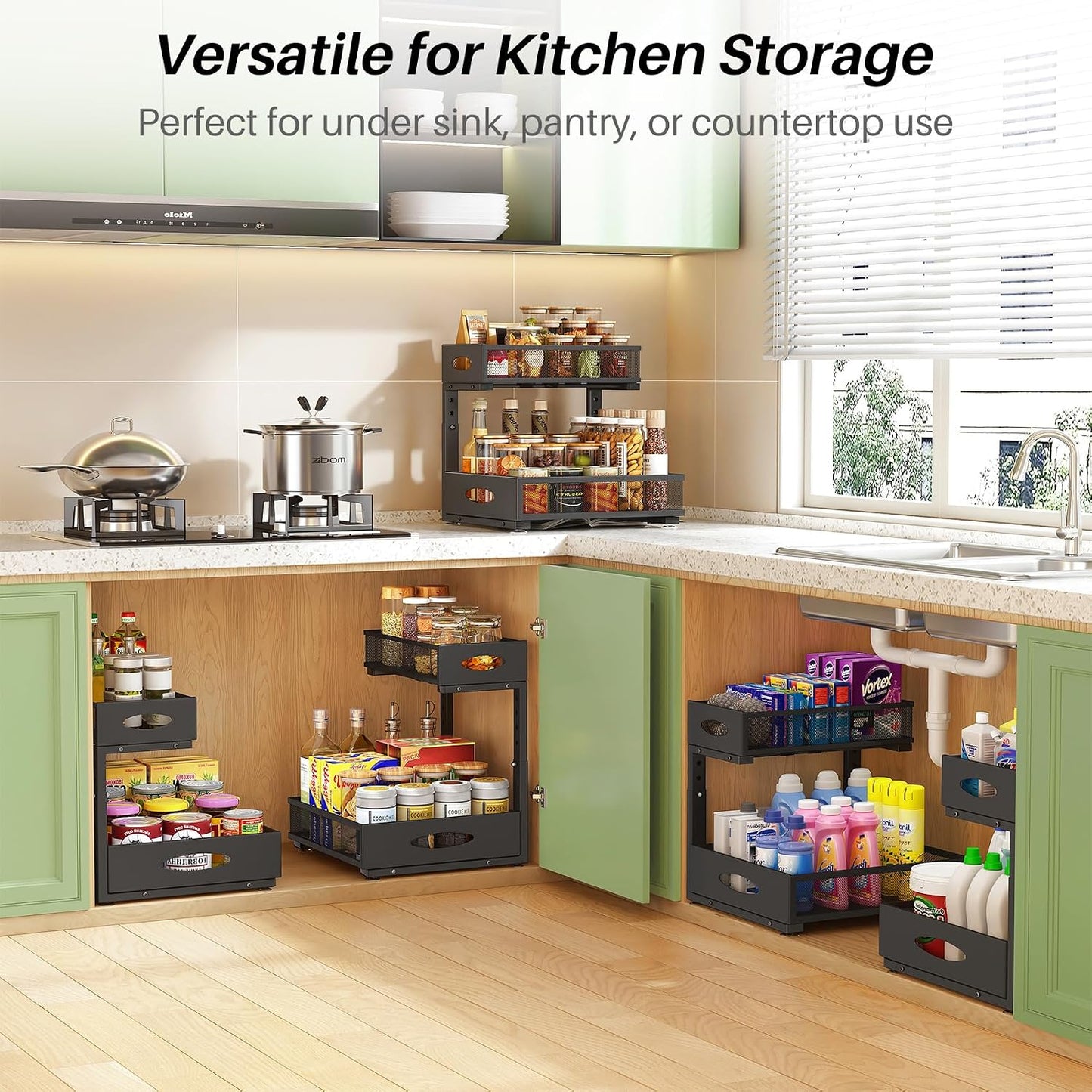 2-Tier L-Shaped Adjustable Height Under Sink Organizer & Cabinet Storage