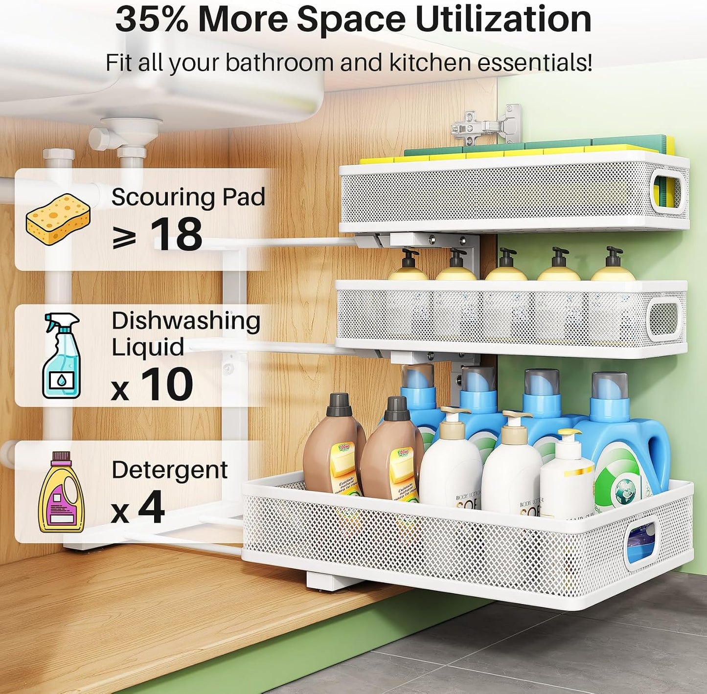 3-Tier Height Adjustable Slide Out Under Sink Organizer & Cabinet Storage