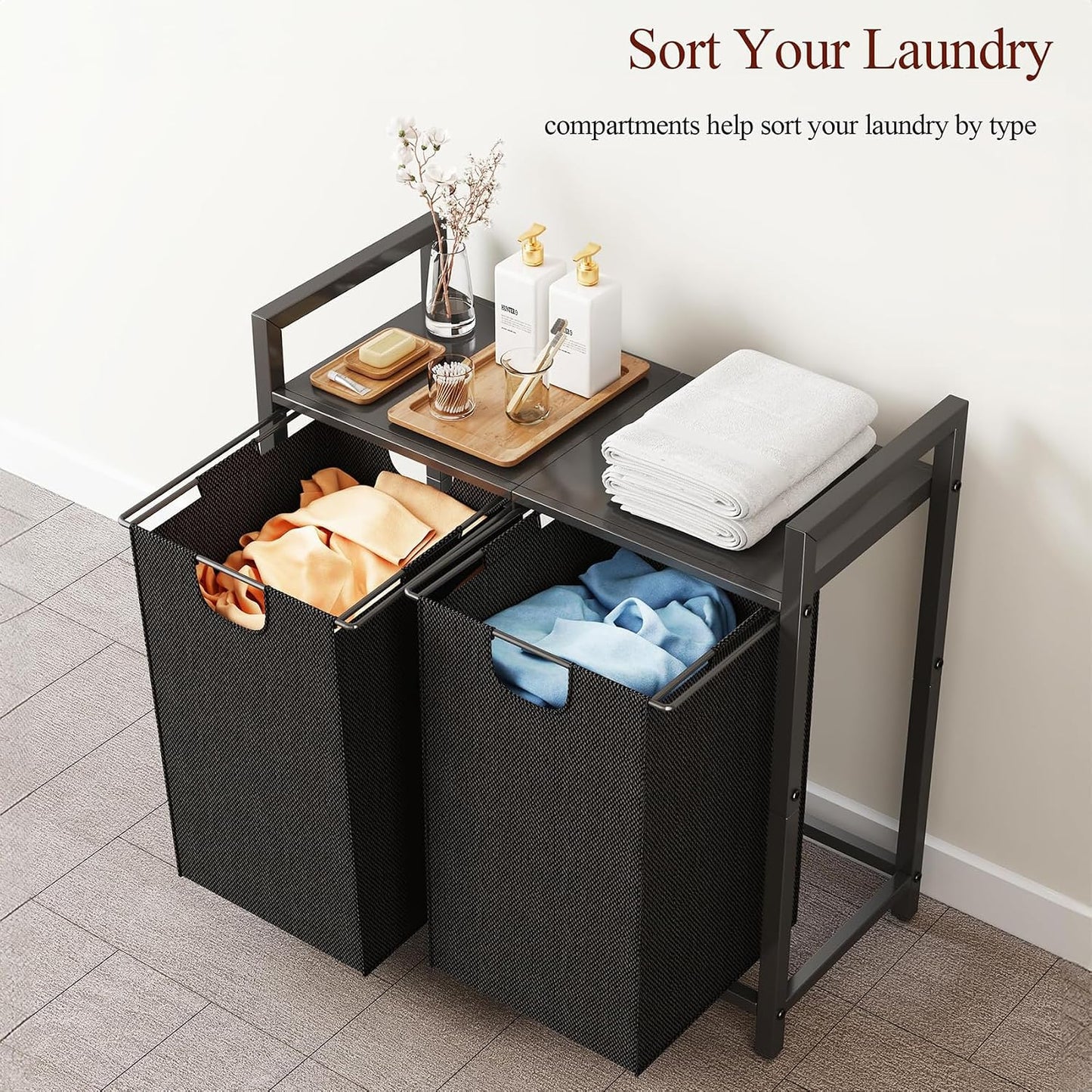Laundry Hamper Organizer with Storage Shelf & Pull Out Bags