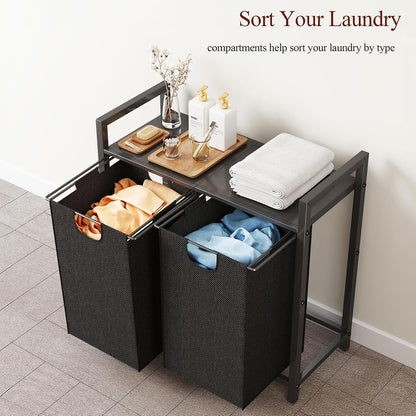 Laundry Hamper Organizer with Storage Shelf & Pull Out Bags