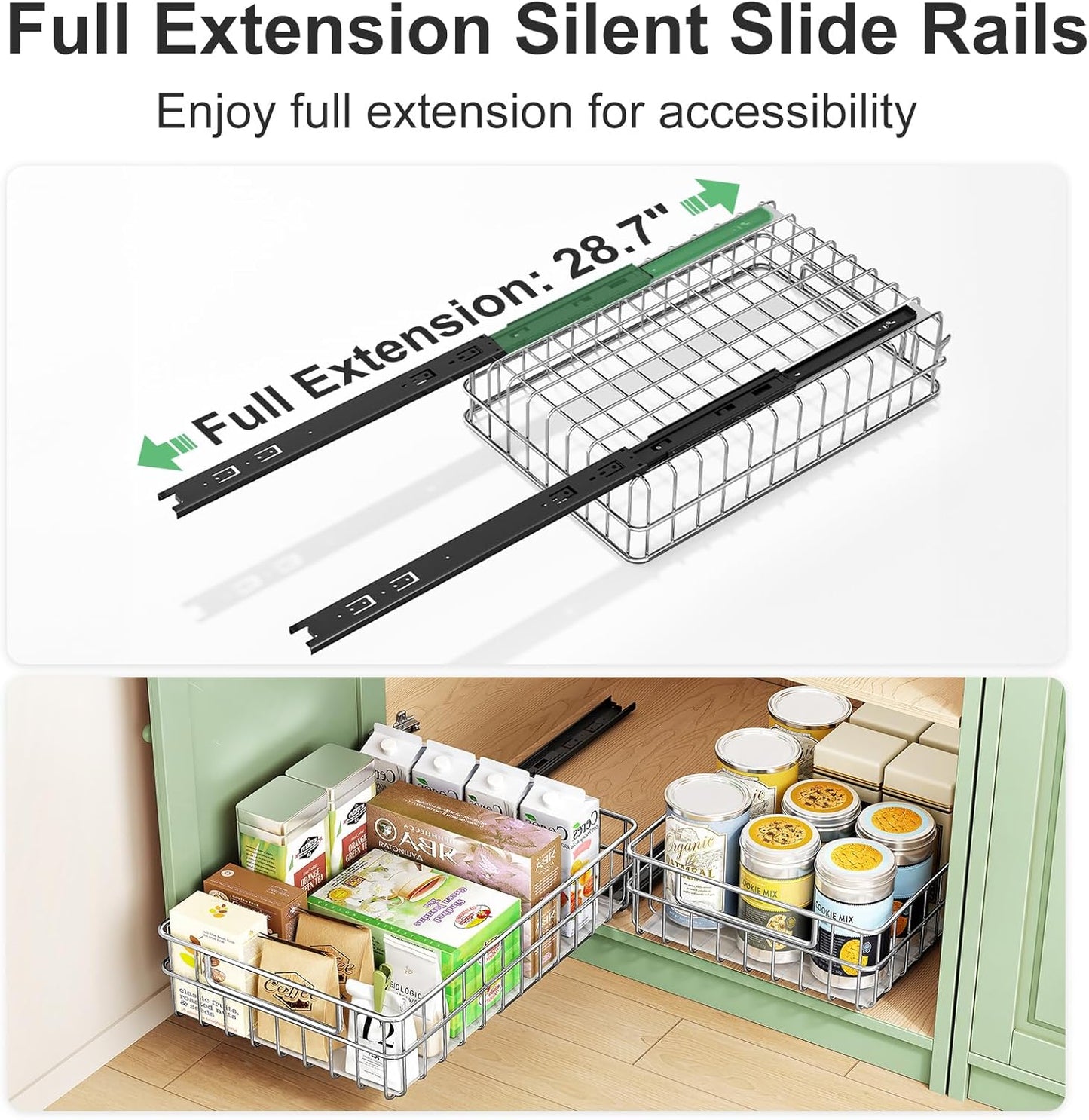 Stainless Steel Slide Out Cabinet Organizer with Silent Full-Extension Drawer