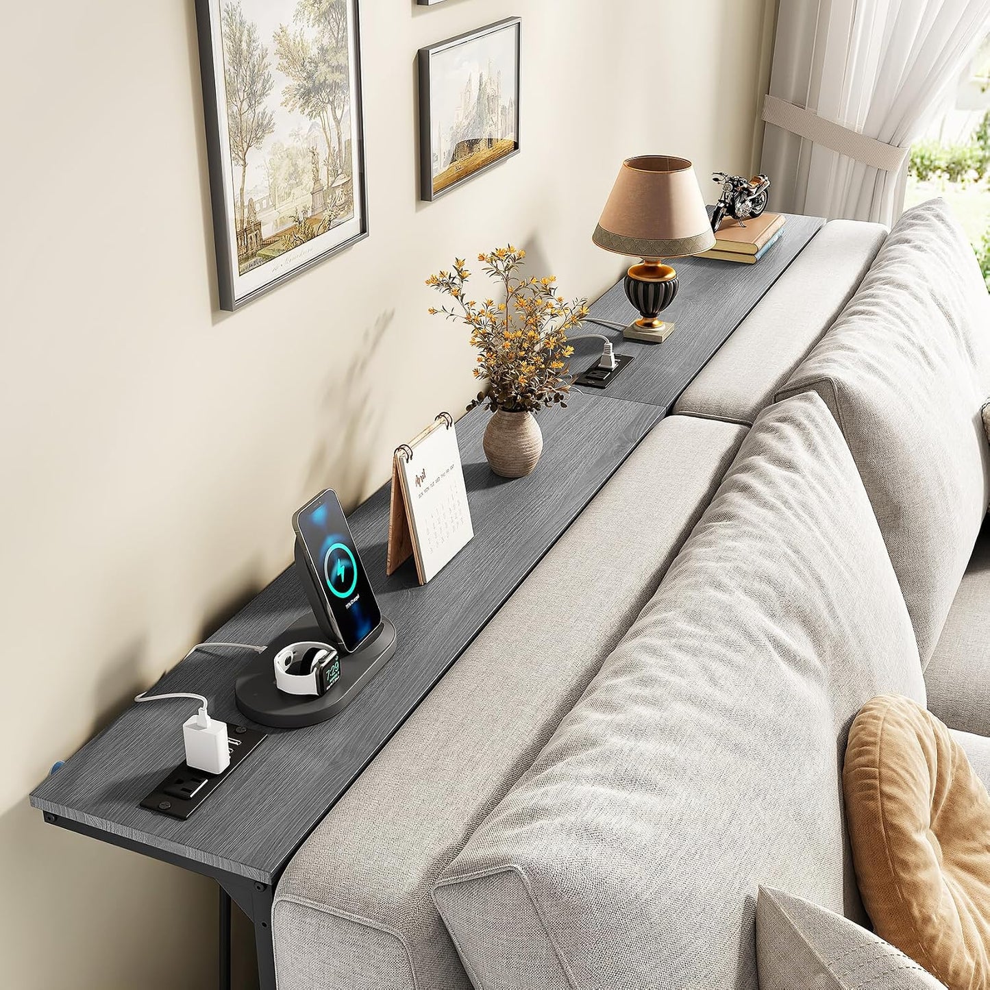 Adjustable Height Narrow Sofa Table with Charging Station & Modular Design