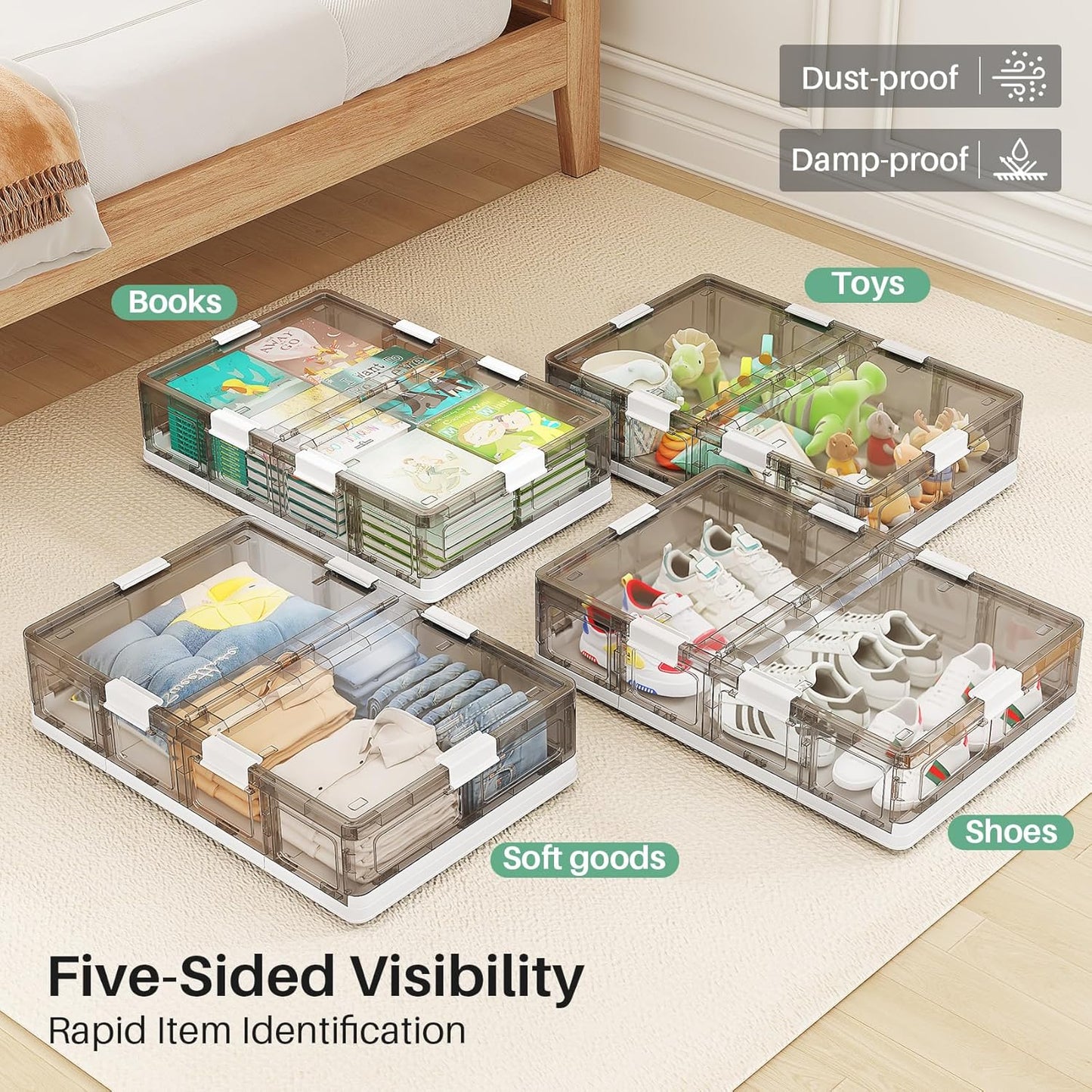 Foldable & Stackable Plastic Under Bed Storage Containers with Wheels